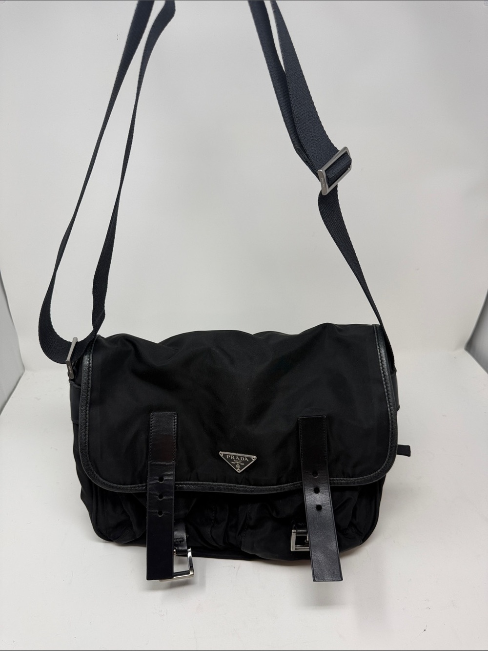 Prada Black Nylon Tessuto Messenger Crossbody Bag Leather Buckle Flap